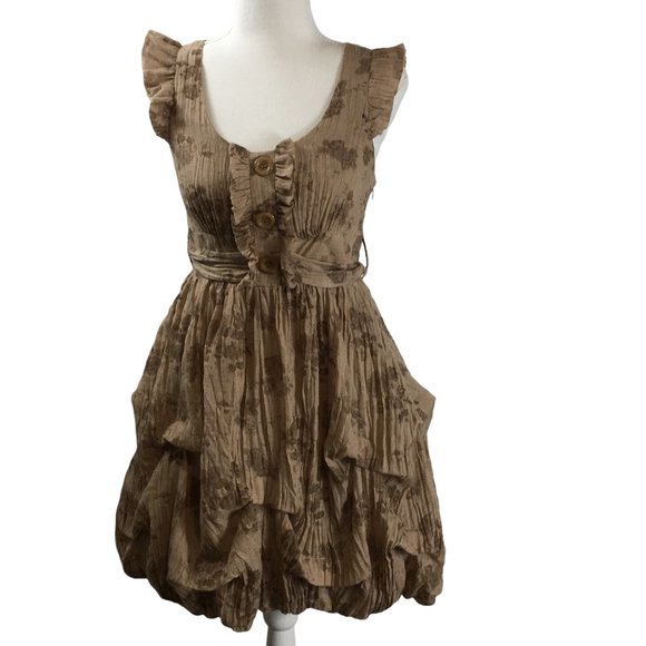 Mustard Seed Dresses & Skirts - Mustard Seed Tan Floral Balloon Skirt Ruffle Belted Gauze Mini Dress (S)
